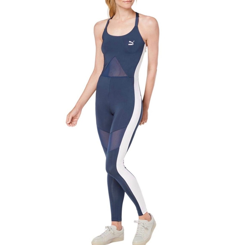 Puma‎ Womens Navy Blue White Mesh Panel Cross Back Athletic Bodysuit Jumpsuit XL